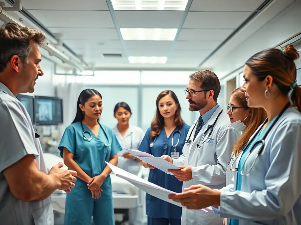 A group of healthcare professionals collaborating on a patient's care plan in a modern hospital setting, emphasizing AHNAC's commitment to comprehensive healthcare services.