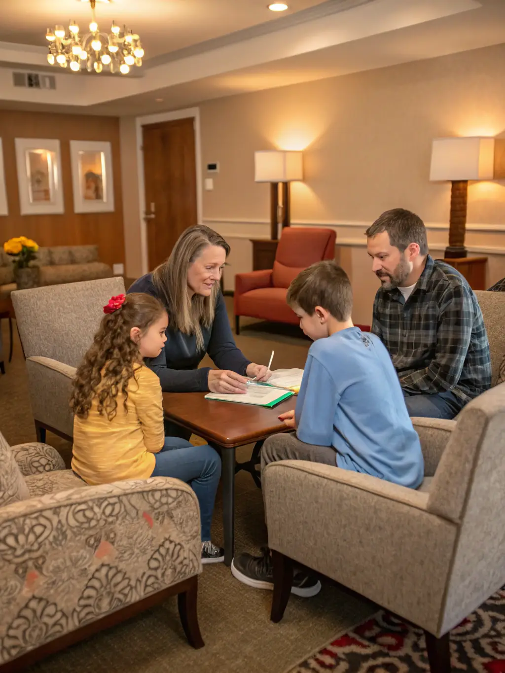 A family receiving counseling and support from AHNAC social workers, addressing challenges and improving family dynamics.