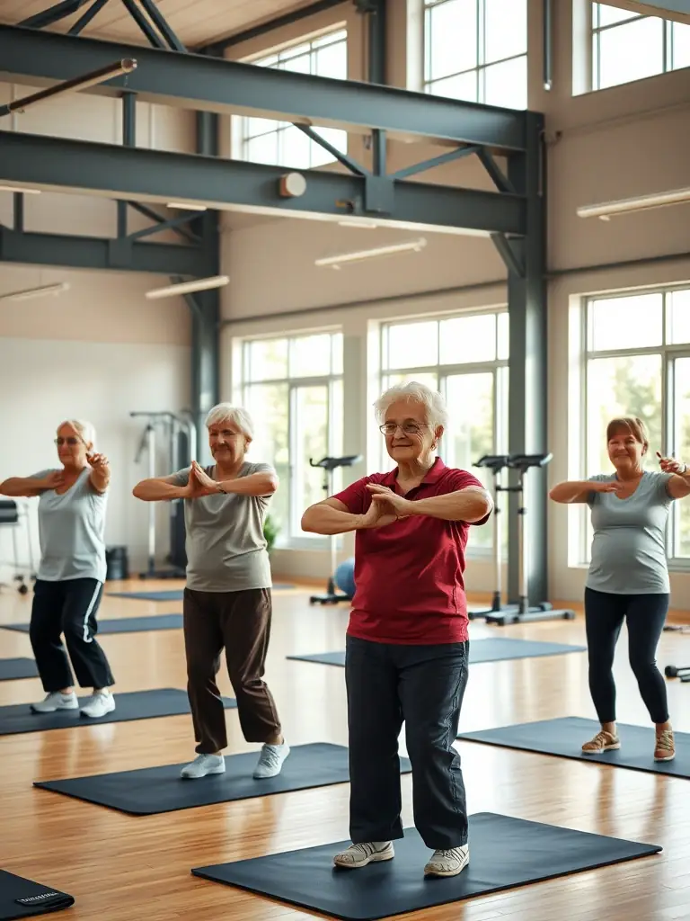 A group of elderly individuals participating in a gentle exercise class at AHNAC, focusing on improving mobility and well-being.
