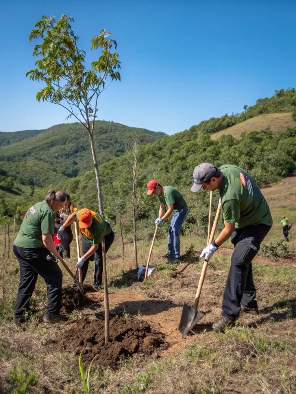 A group of volunteers planting native trees along the banks of the Mosson River, restoring the riparian ecosystem.