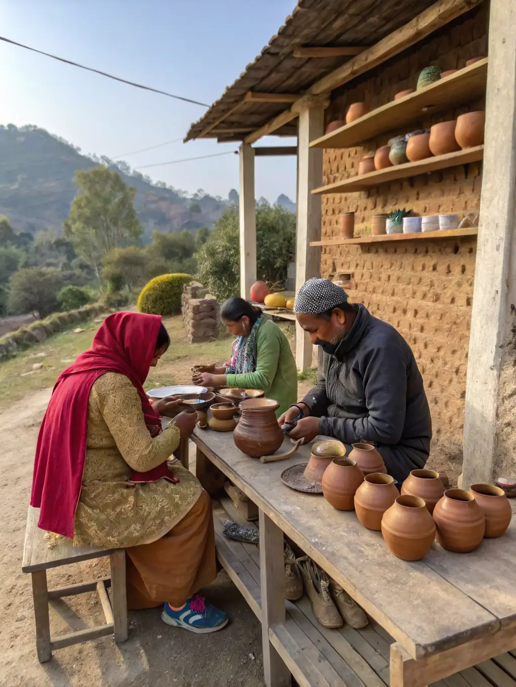 Participants learning traditional pottery techniques in a cultural workshop, preserving local heritage.