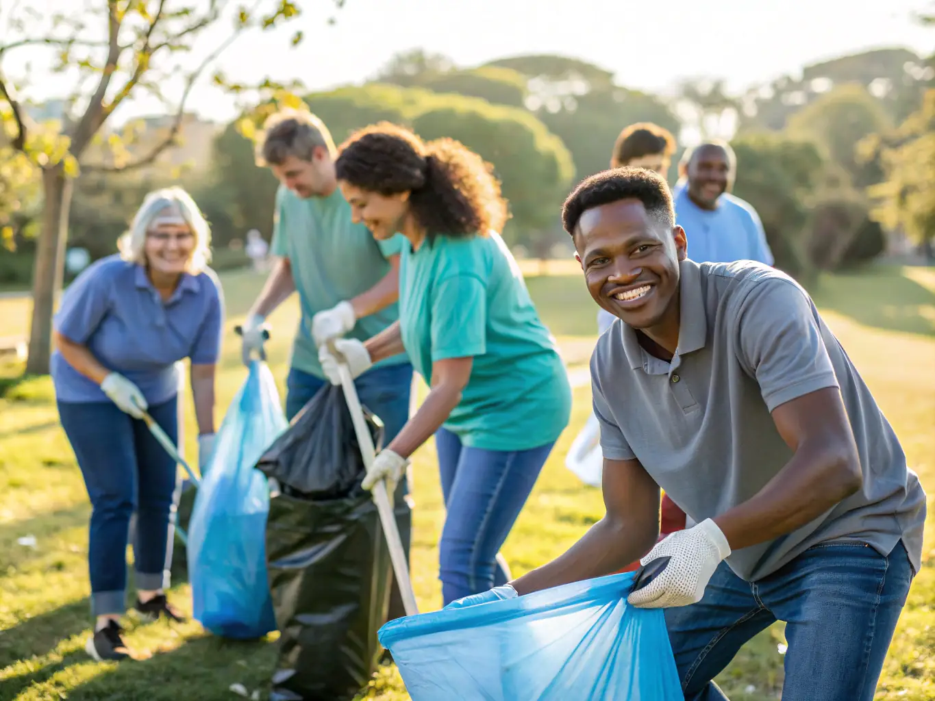 A diverse group of people participating in a community clean-up event, collecting litter and debris from a local park.