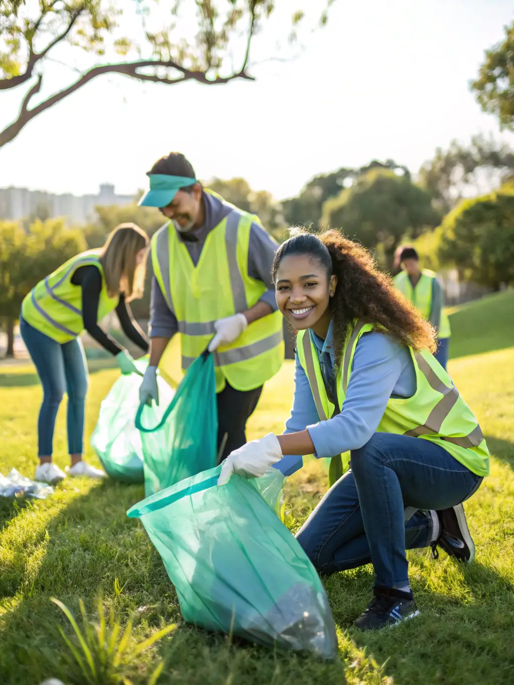Community members participating in a clean-up event at a local park, removing litter and improving the environment.