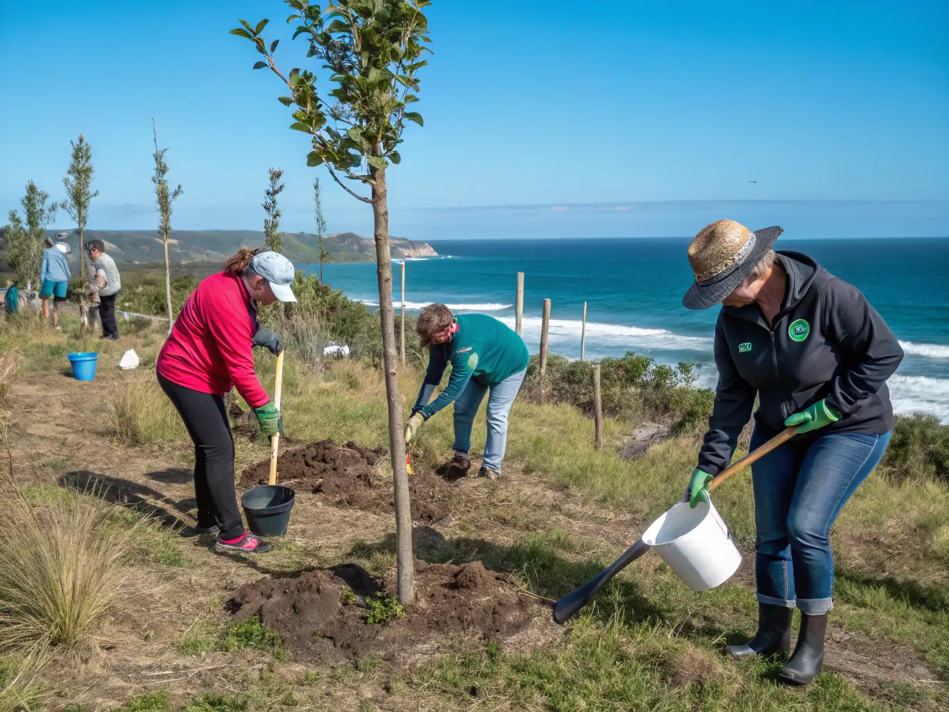 A group of volunteers planting native trees along the Coulazou riverbank, focusing on ecological restoration and habitat enhancement.